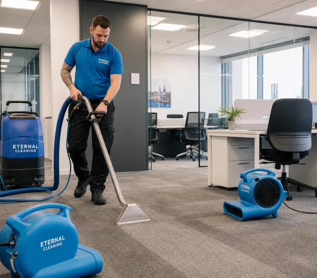 Professional carpet cleaner using a hot water extraction wand in a commercial Leeds office with air movers positioned for faster drying