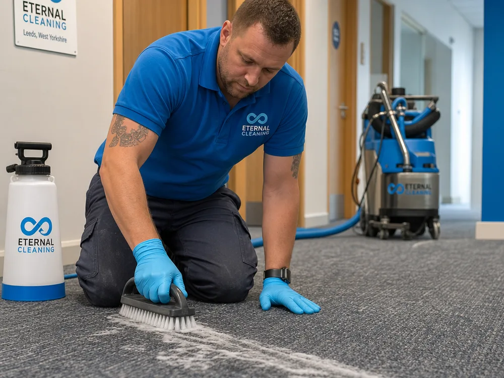 Carpet cleaning technician treating a high-traffic lane with pre-spray and an agitation tool while extraction equipment is staged in a nearby corridor