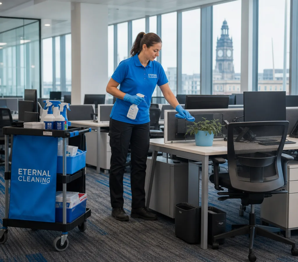 Early-morning commercial cleaner sanitising touchpoints and vacuuming around workstations in a modern Leeds office