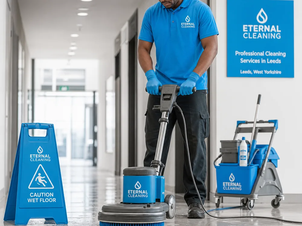 Cleaner using a rotary floor machine in a commercial corridor with wet floor signage