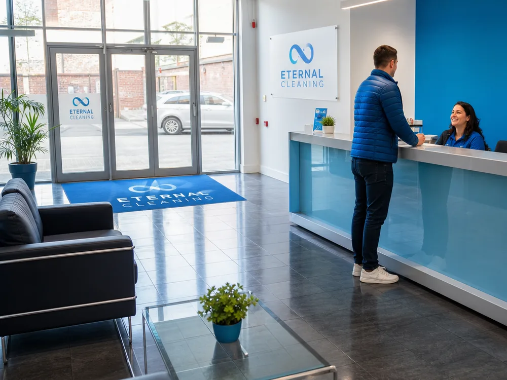 Clean reception area with polished hard floors, tidy seating and streak-free glass doors
