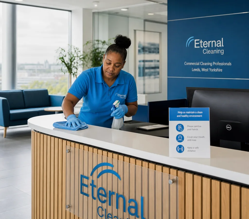 Cleaner disinfecting a modern Leeds office reception desk