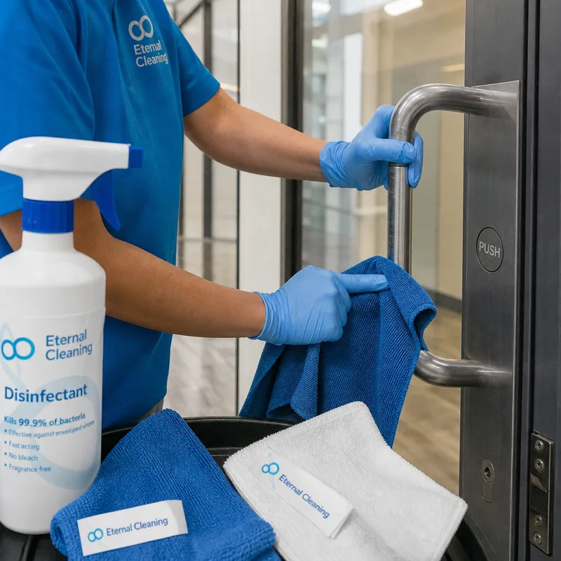 Cleaner disinfecting door handles and push plates with labelled products and colour-coded cloths in a commercial corridor