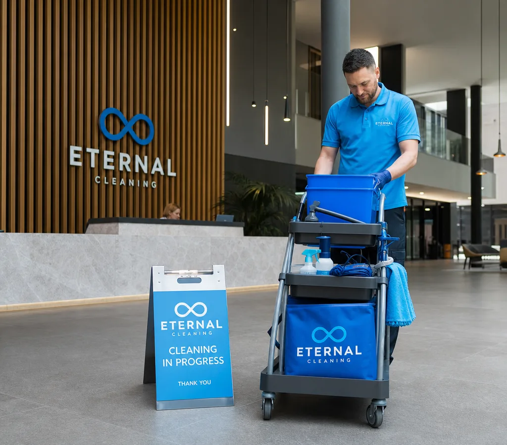 Commercial cleaner preparing a trolley and signage for a scheduled contract clean in a modern Leeds office reception
