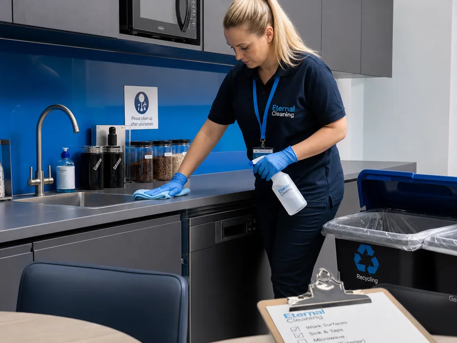 Cleaner restocking and wiping a commercial kitchenette while checking a clipboard