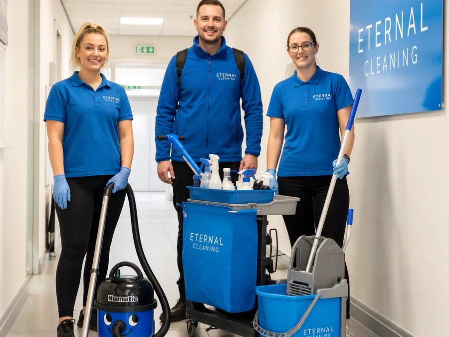 Professional office cleaning team with equipment in a commercial corridor