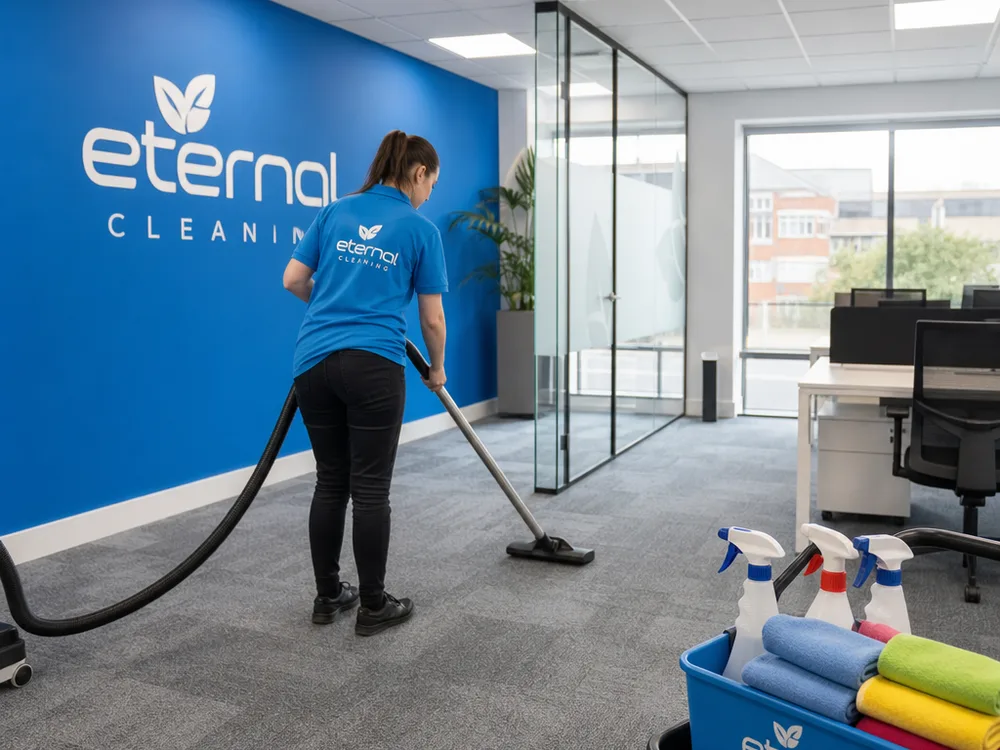 Cleaner vacuuming a tidy Leeds office with colour-coded cleaning equipment